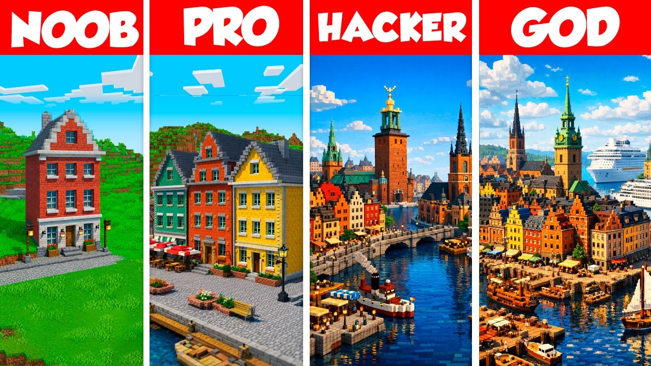 Scandinavian City Build Battle Challenge - Noob vs Pro vs Hacker vs God - Minecraft Animation