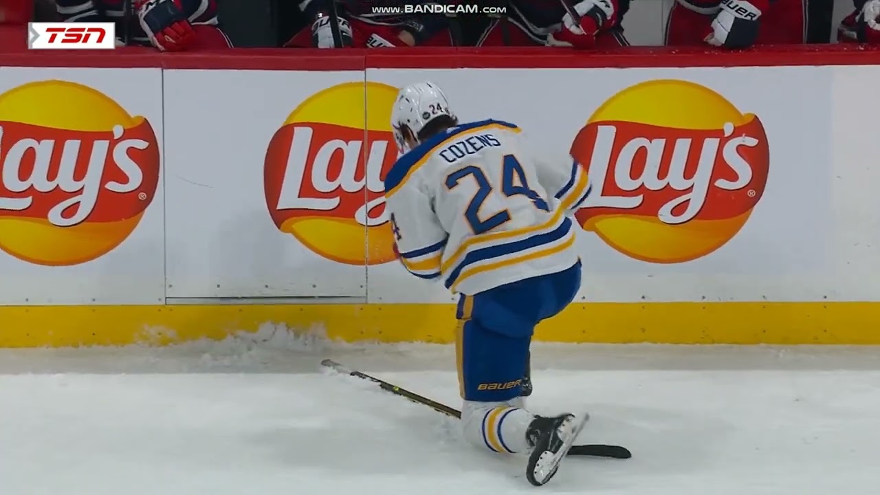 Dylan Cozens a bit whoozy after taking an elbow on the button.