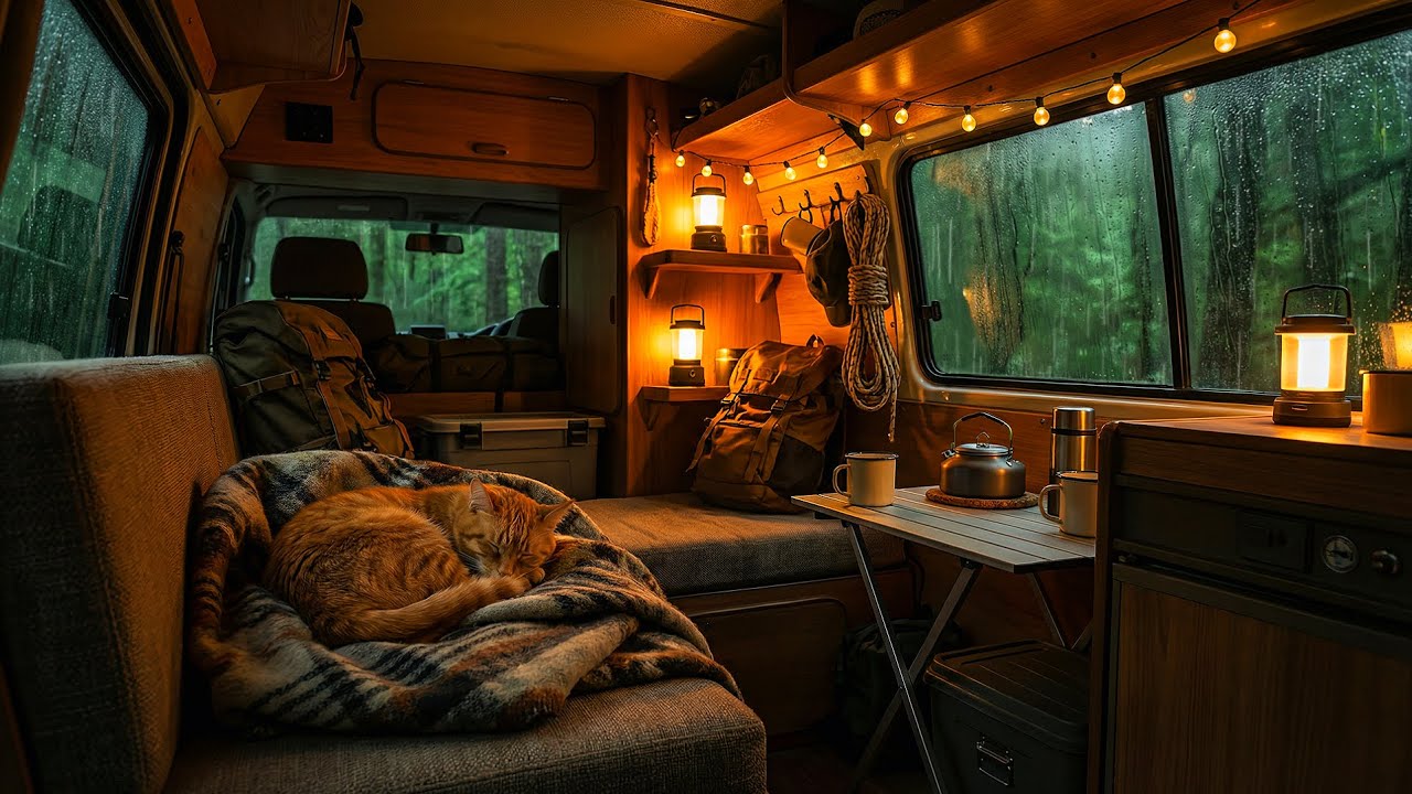 Forest Rain Night ⛈️ in a Camper Van with Gentle BGM for Relaxation and Sleep 4K