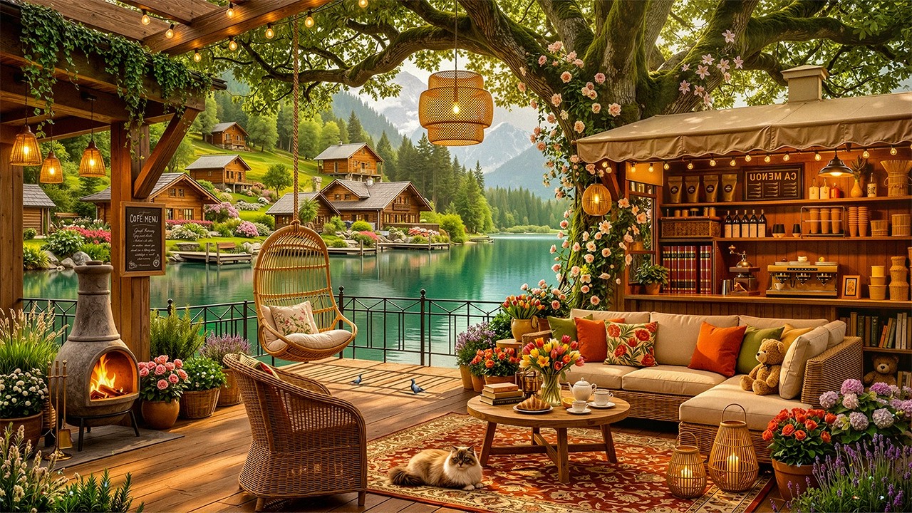 Tranquil Spring Morning by a Riverside Porch Ambience | Elegant Jazz Piano & Forest Birdsong to Calm