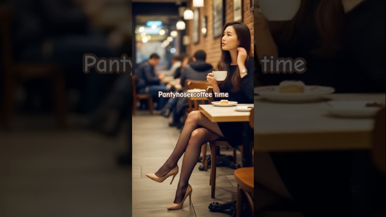 Nylons girl at coffee shop! Sheer black pantyhose stockings tights legs high heels pumps