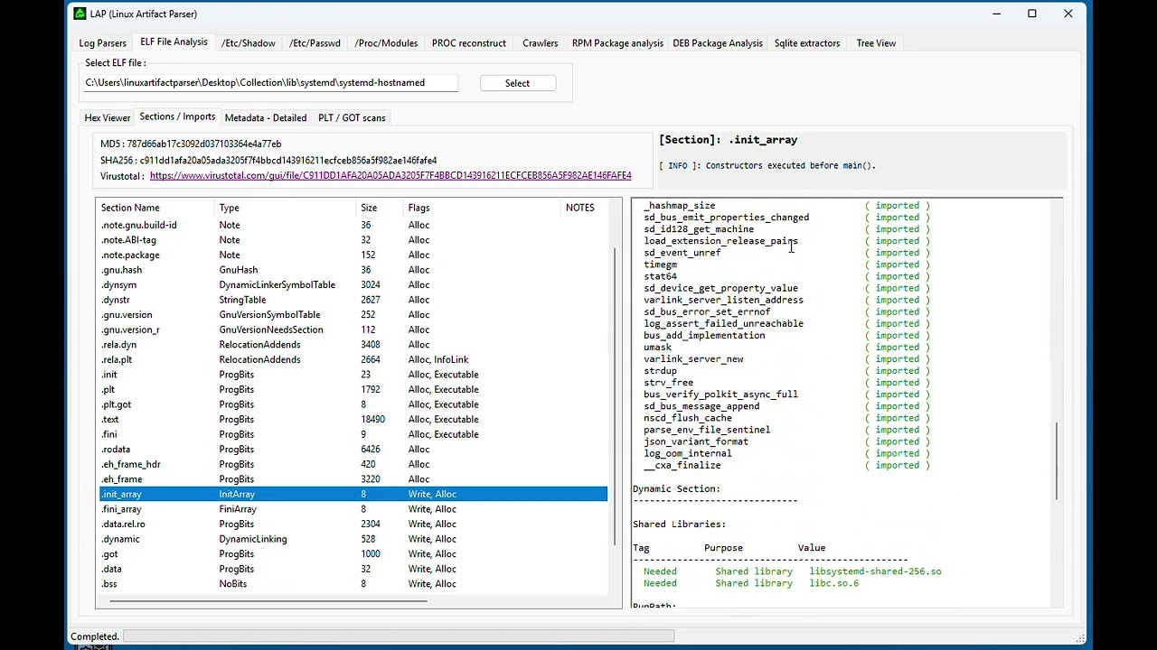 Elf binary analysis using LAP - Linux Artifact Parser