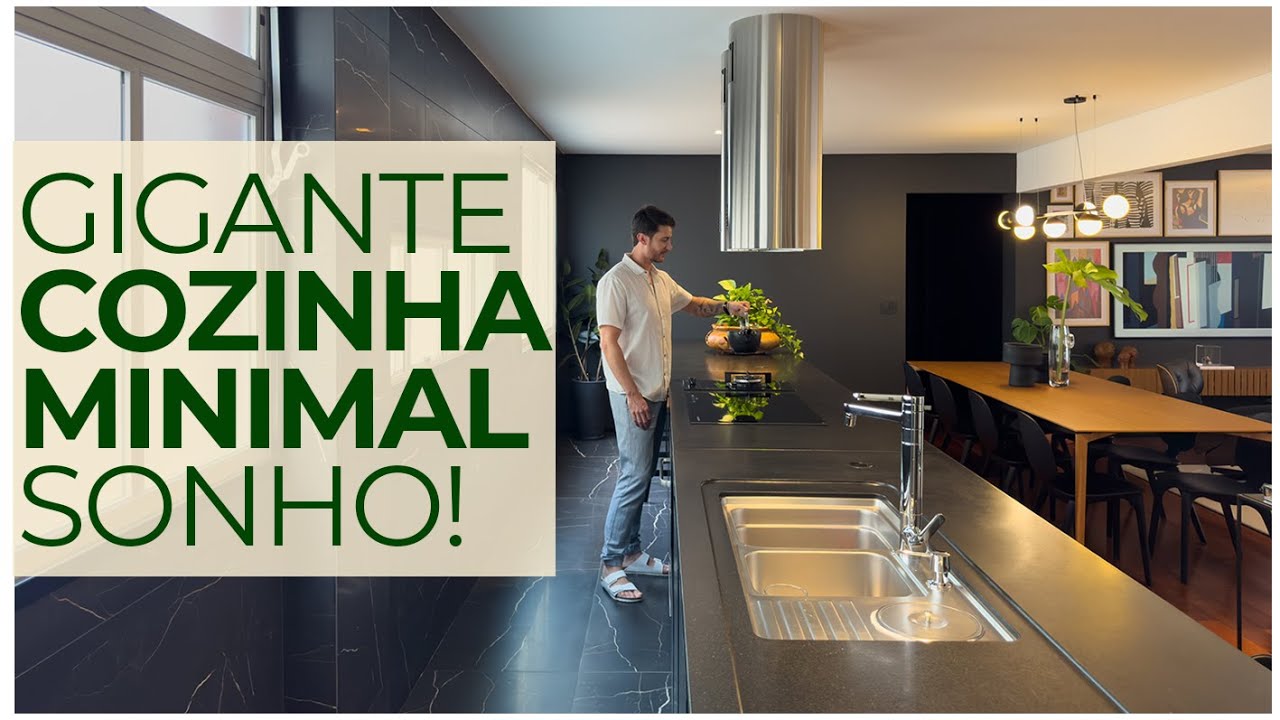 IMPACTADO! BANCADA GIGANTE EM COZINHA MINIMAL - DECOR BEM DIFERENTE EM TONS BRANCO, PRETO E MADEIRA