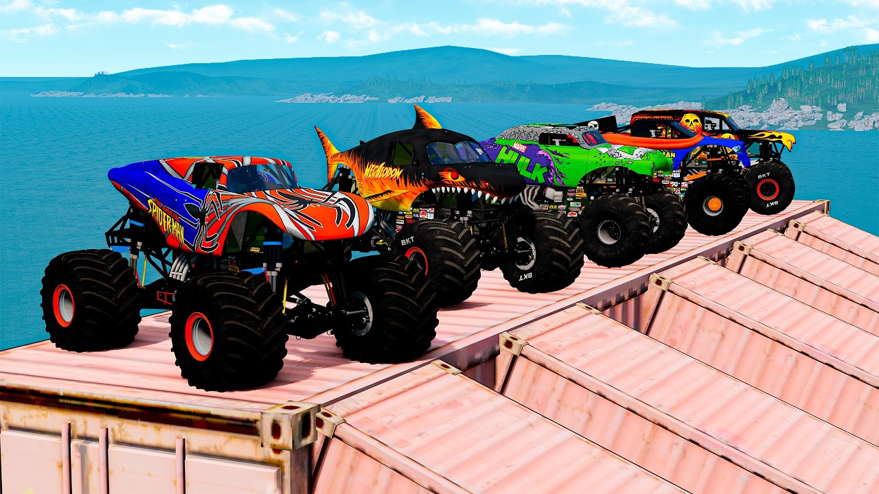 MONSTER TRUCKS Superhero - Double Flatbed Trailer |Monster Truck Crashes|