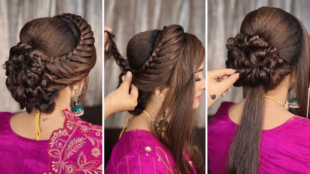 Messy bun hairstyle for long hair | simple bridal hairstyle for thin hair | bridal front hairstyle |