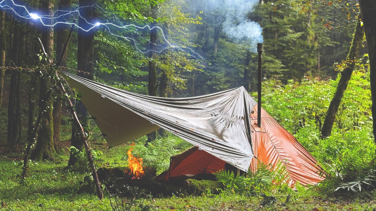 2 Days Solo Camping in Rain & Thunder | Warm Shelter in the Forest 