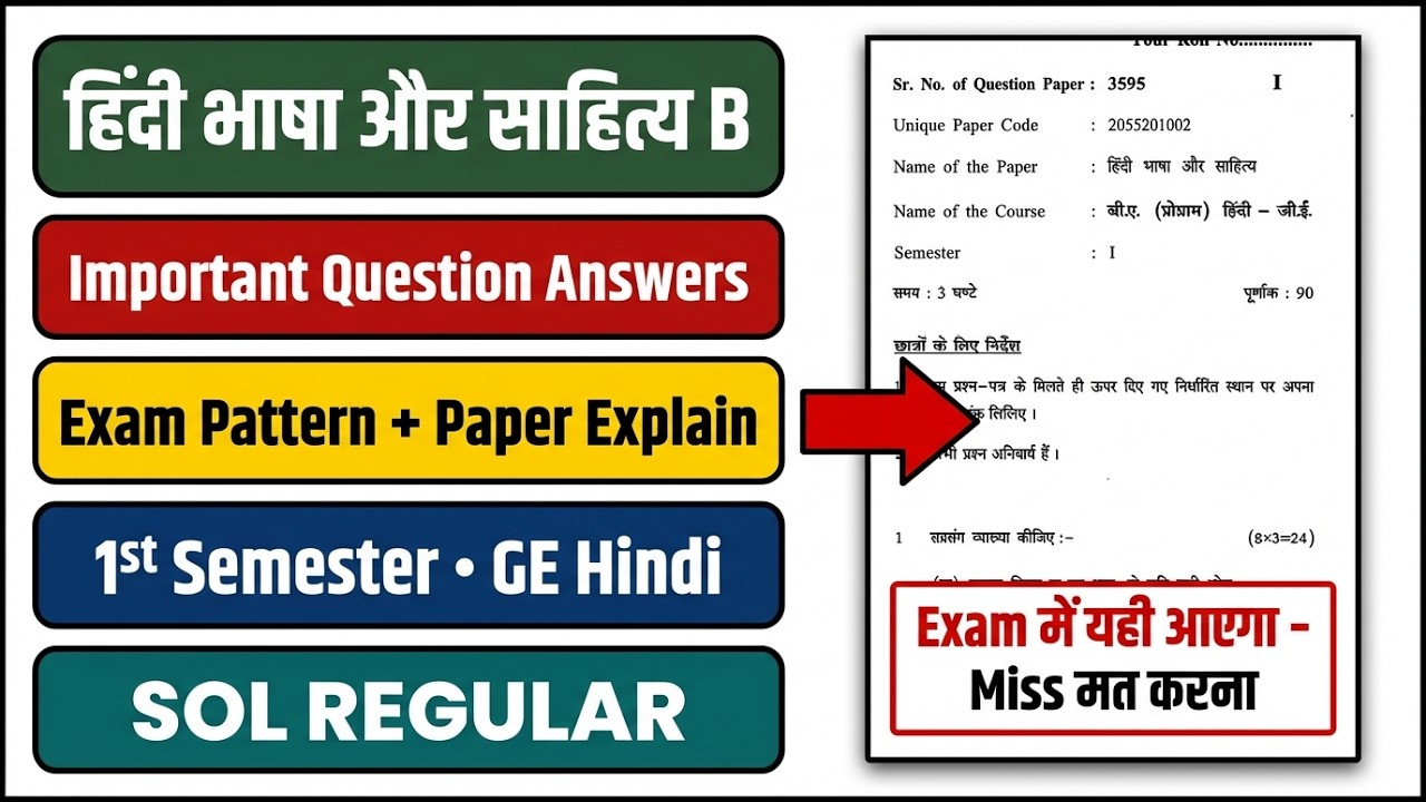 Hindi Bhasha Aur Sahitya B Important Questions Exam Pattern 1st Semester Hindi B Regular SOL DU #sol