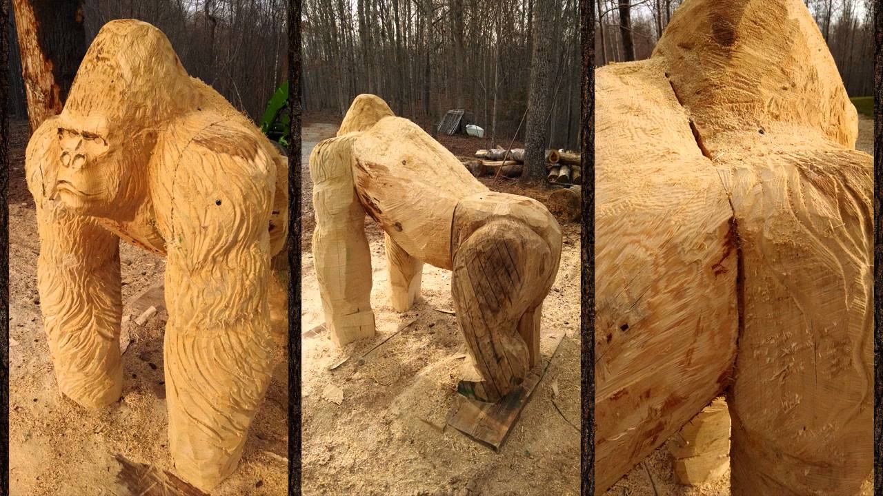 Carving a Silverback Gorilla chainsaw wood sculpture, by Mark Poleski