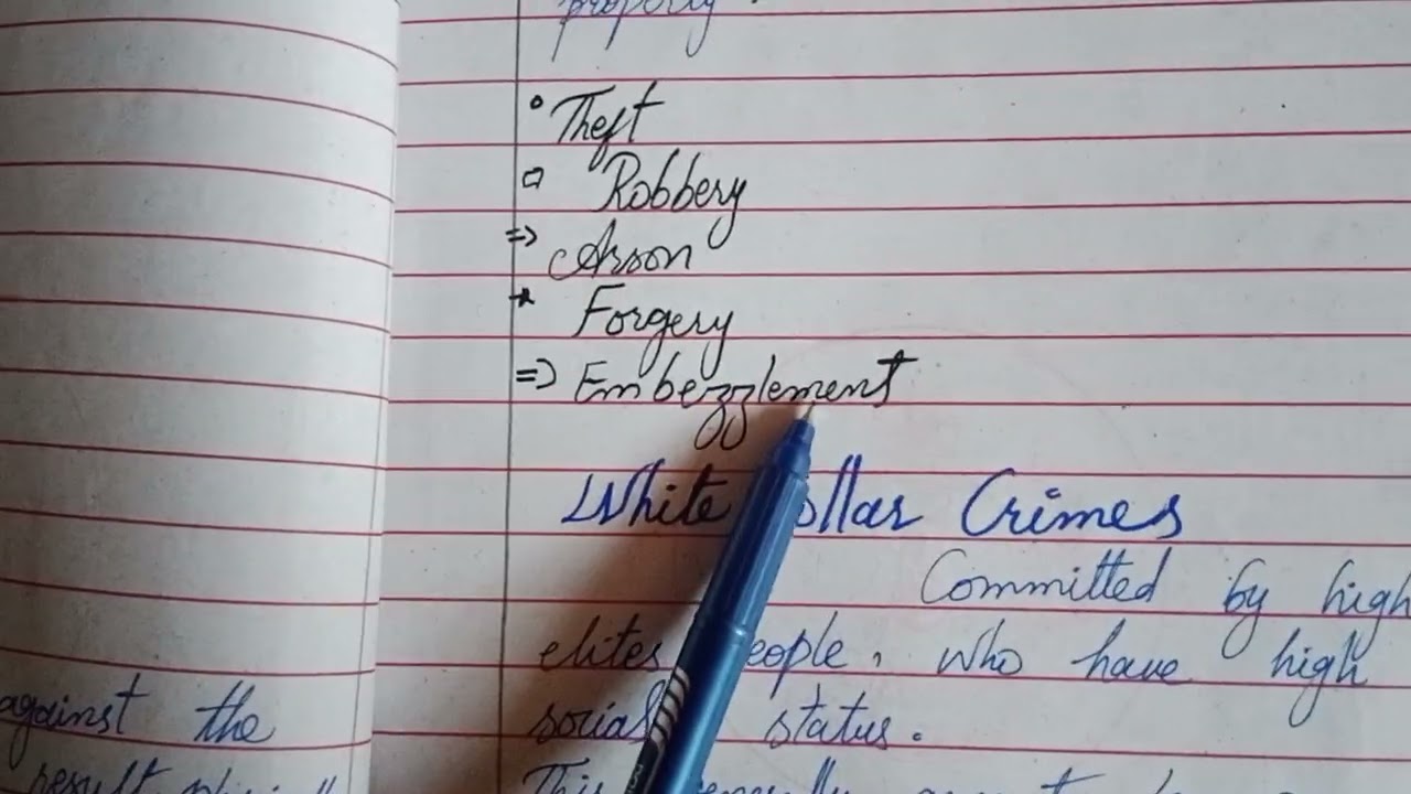 types of crime: White collar crime, inchoate crime, organised crime, corporate crime and statutory.