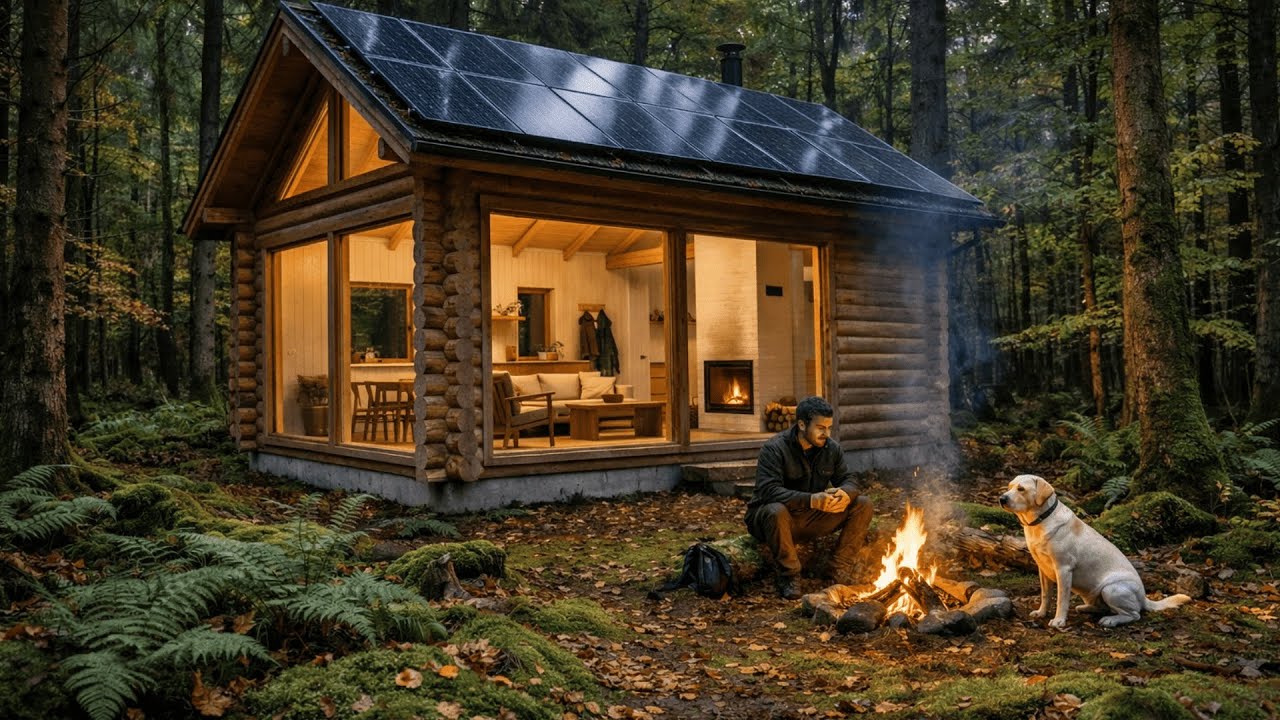 Cozy Off-Grid Log Cabin ASMR | Bushcraft Build, Crackling Fireplace & Autumn Rain Sounds(No Talking)