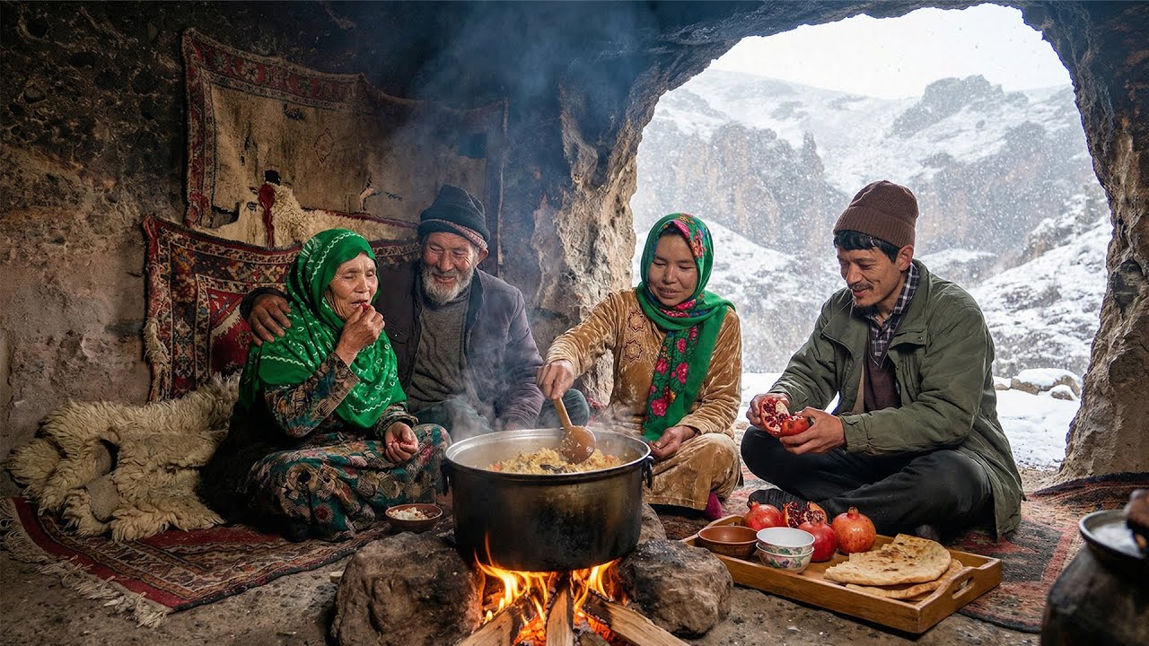 WINTER CAVE LIFE: Cooking Huge Kabuli Pulao in a Blizzard | Afghan Family Survival & Ancient Recipes