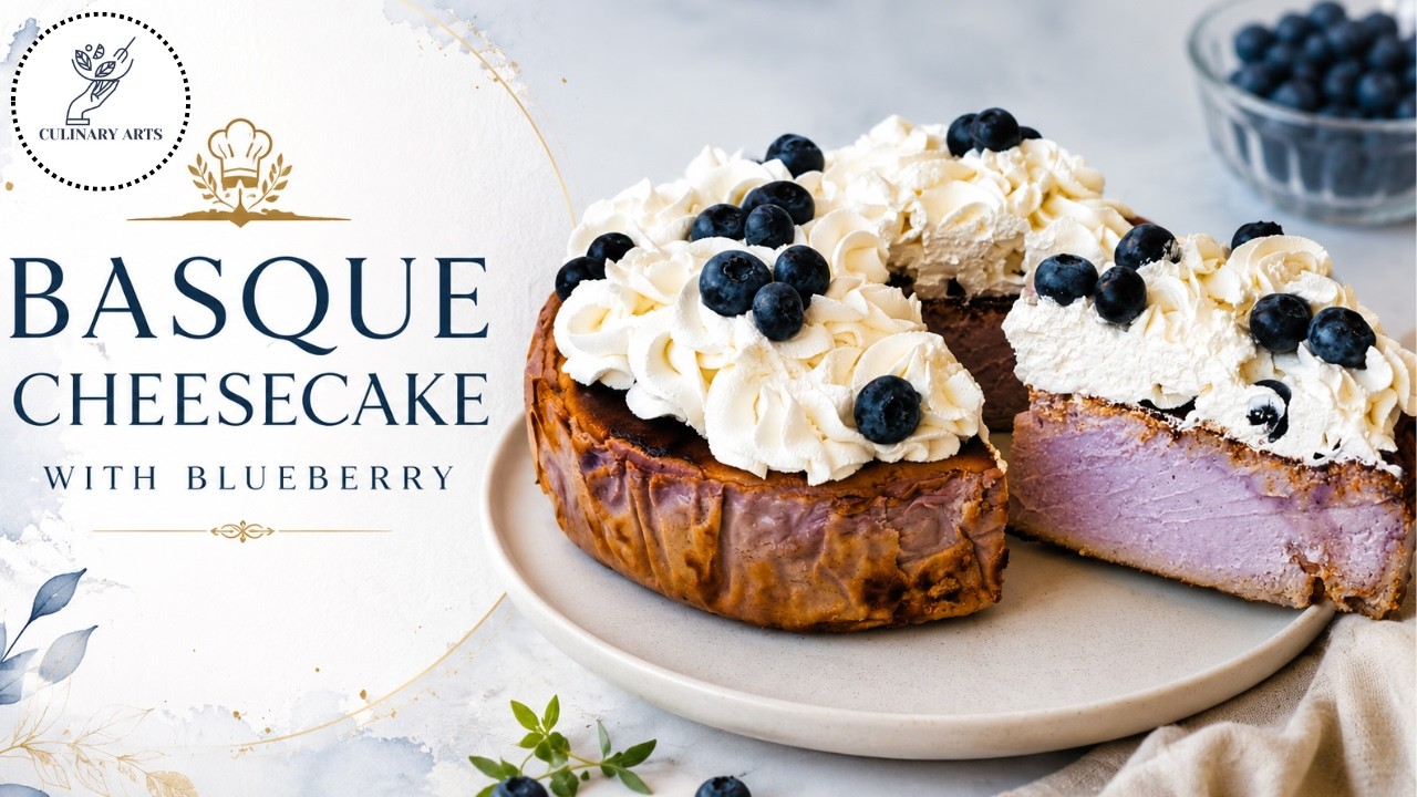 Basque Cheesecake with Blueberries made from Cottage Cheese