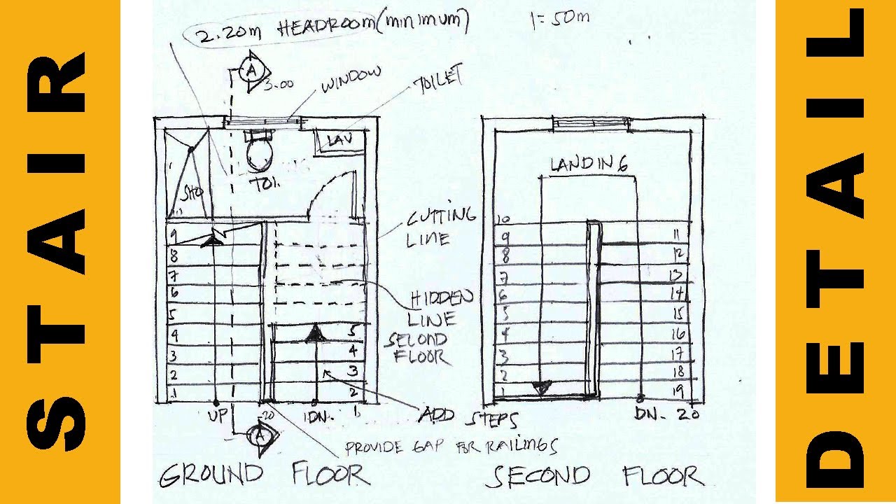 HOW TO DRAW A STANDARD STAIR  PLAN AND WITH TOILET UNDERNEATH.
