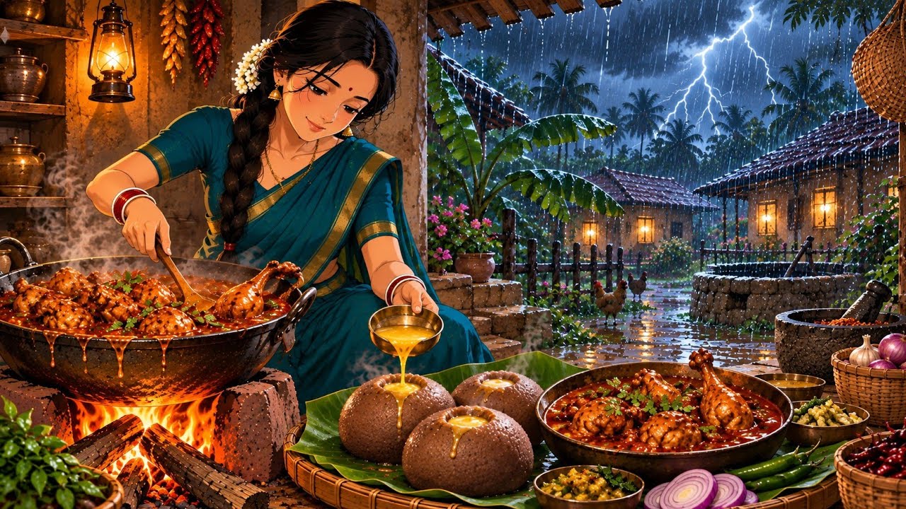 90s Rainy Indian Village Life ⛈️| Ragi Mudde, Spicy Chicken Curry & Family Meal