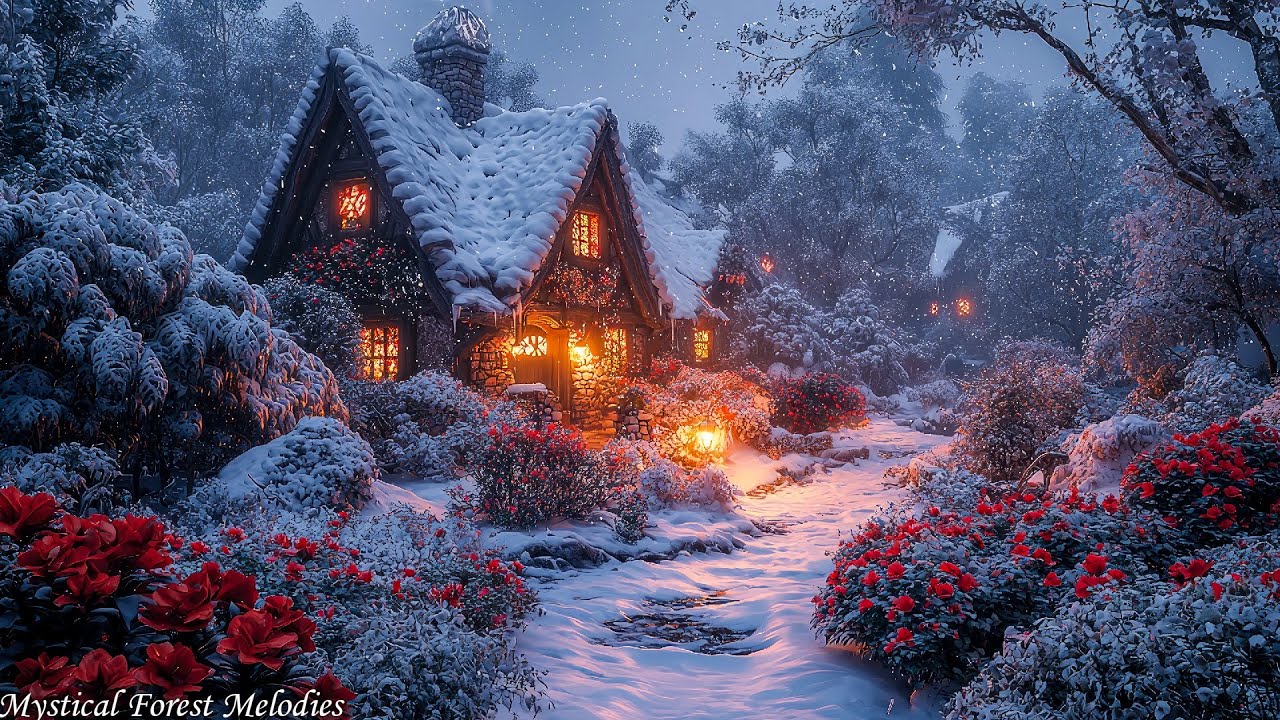 Celtic Winter Cottage: Medieval Music in a Snowy Garden with Glowing Lanterns