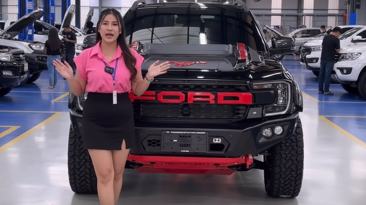 A Large Black Pickup Truck Potentially a Modified Ford Ranger Raptor Lettering in Red Across Grille