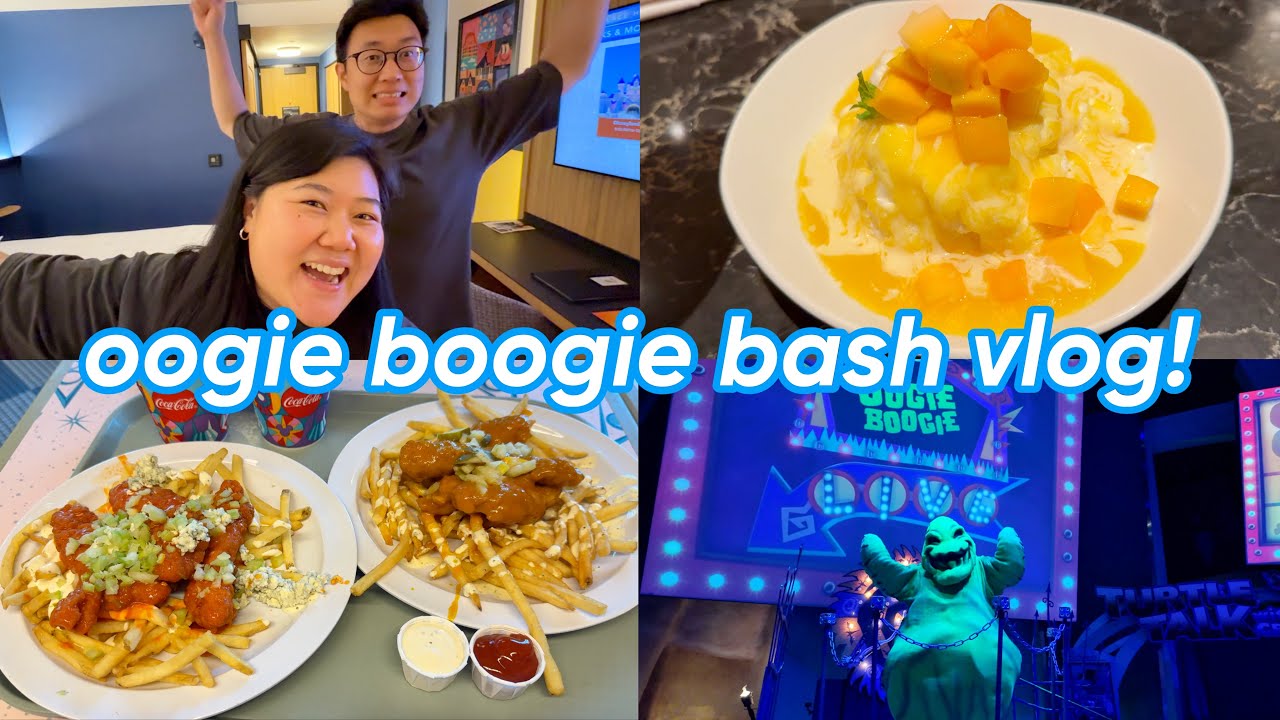trying oogie boogie bash foods 👻, new din tai fung dessert 🥭 + staying at pixar hotel! ❤️💛💙