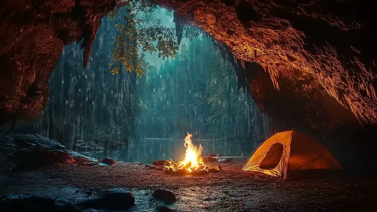 Cozy Cave in the Rain | 3 Hours of Crackling Fire and Gentle Rain Sounds for Relaxing and Sleeping