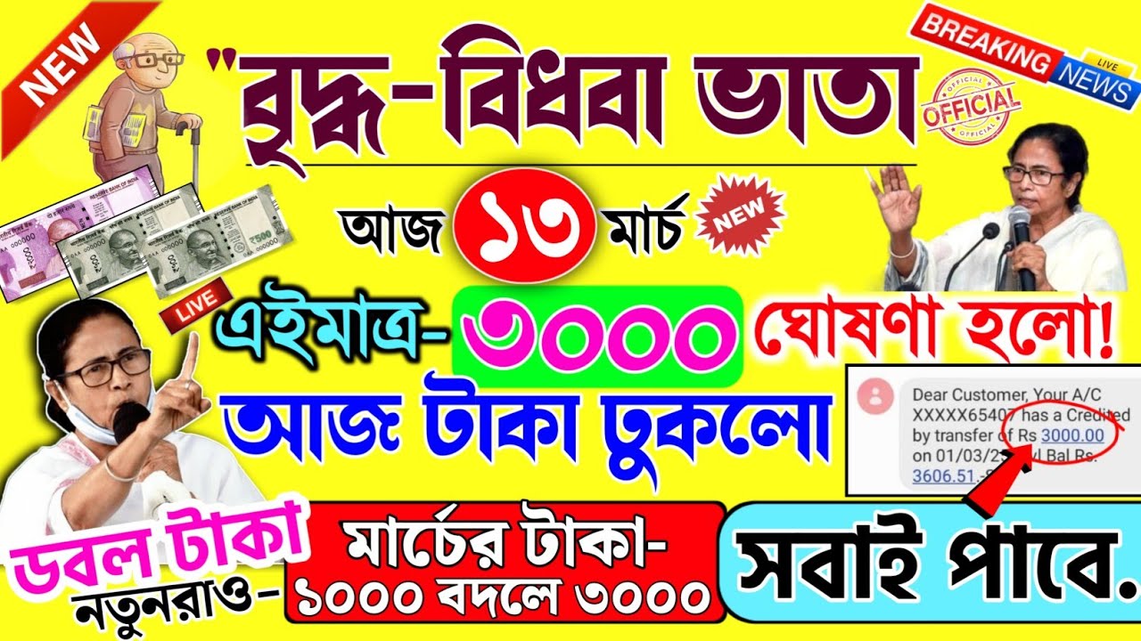 বড় সুখবর: বার্ধক্য ভাতা ১০০০ বদলে ৩০০০ টাকা | old age penion, widow pension, আজ টাকা ঢুকলো ৩০০০ টাকা