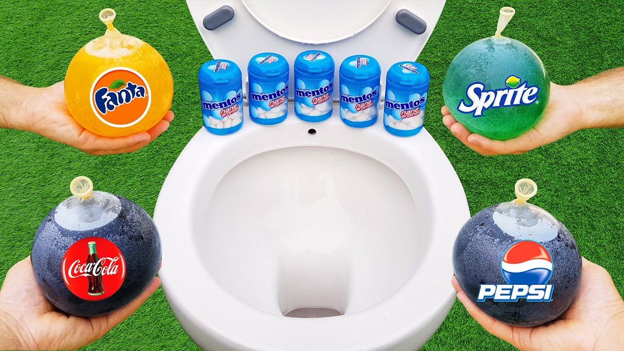 Experiment !! BALLOONS vs Coca Cola, Fanta, Sprite, Pepsi and Mentos in the toilet