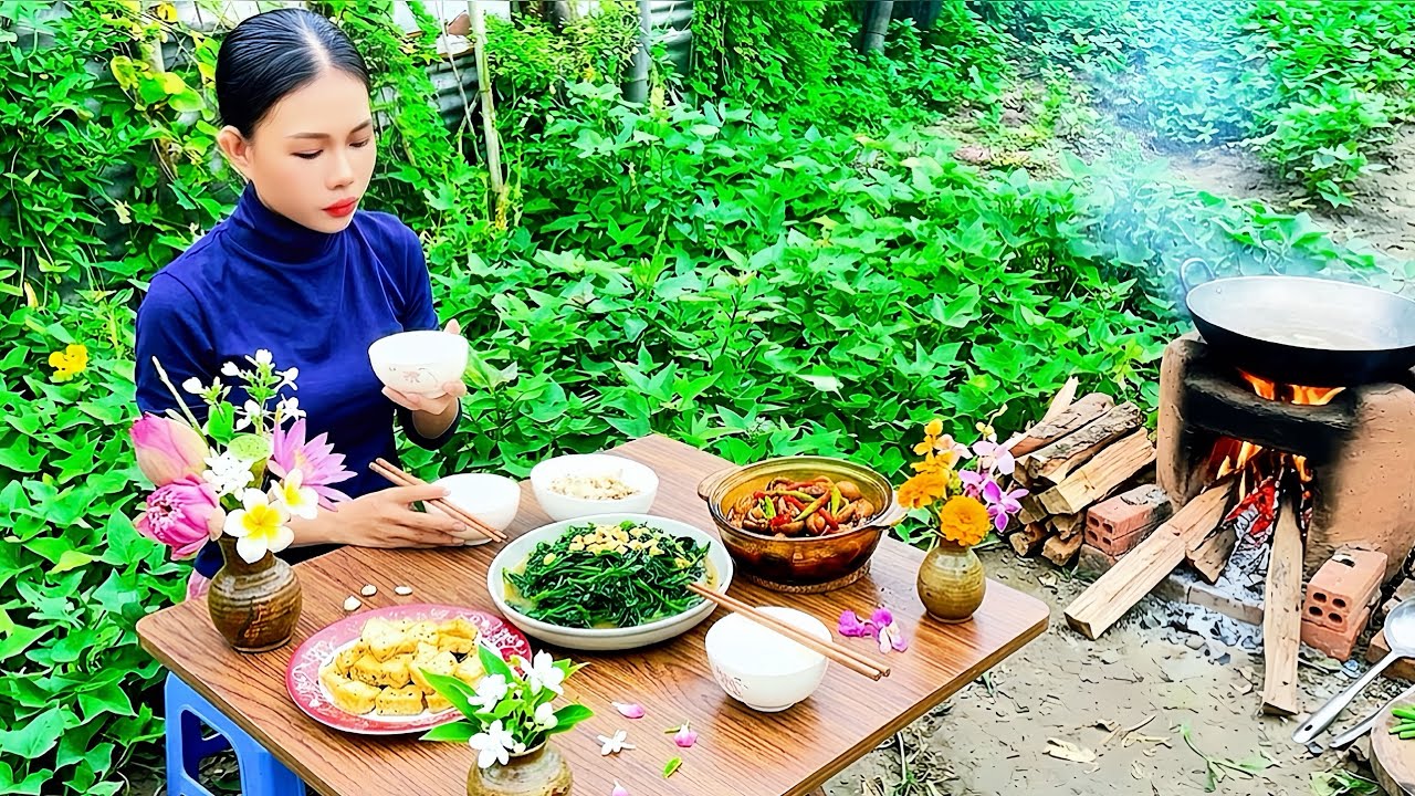 Countryside Life: Harvesting Garden Greens and Cooking Tofu with Mushrooms