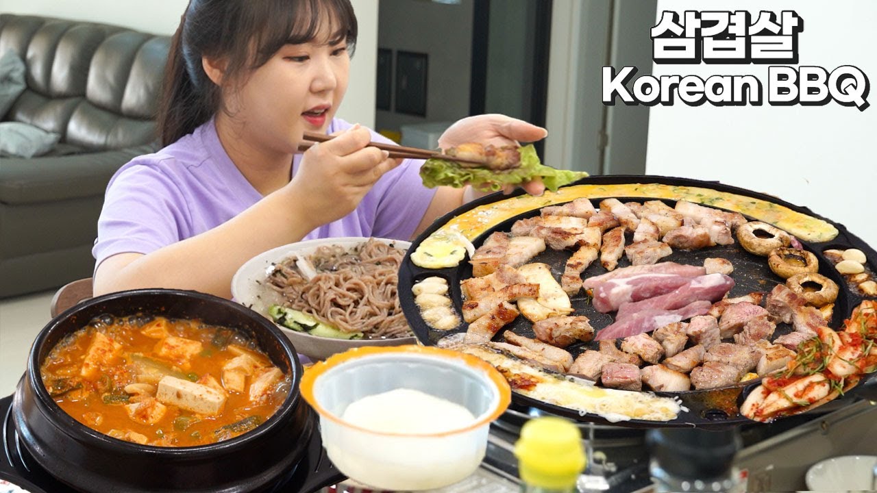 Новый универсальный гриль и 4 части свинины. Корейское барбекю 🥩и холодная лапша Мукбанг🍜