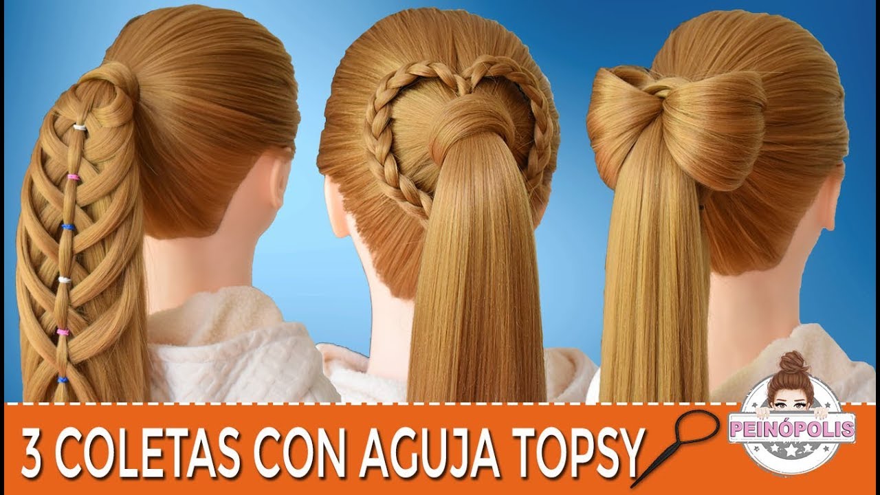 3 COLETAS con TRENZAS con AGUJA TOPSY - PEINADOS FACILES y RAPIDOS para NIÑAS