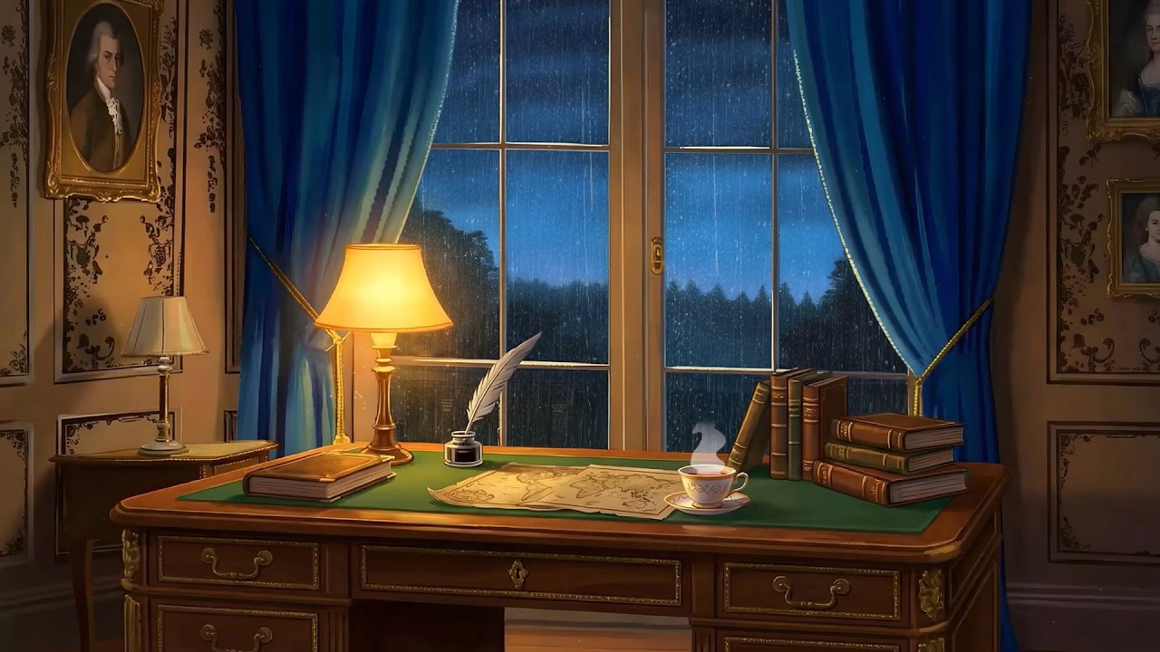 1950s vintage oldies playing from another room in a cozy night for unwind and study (rain sound)