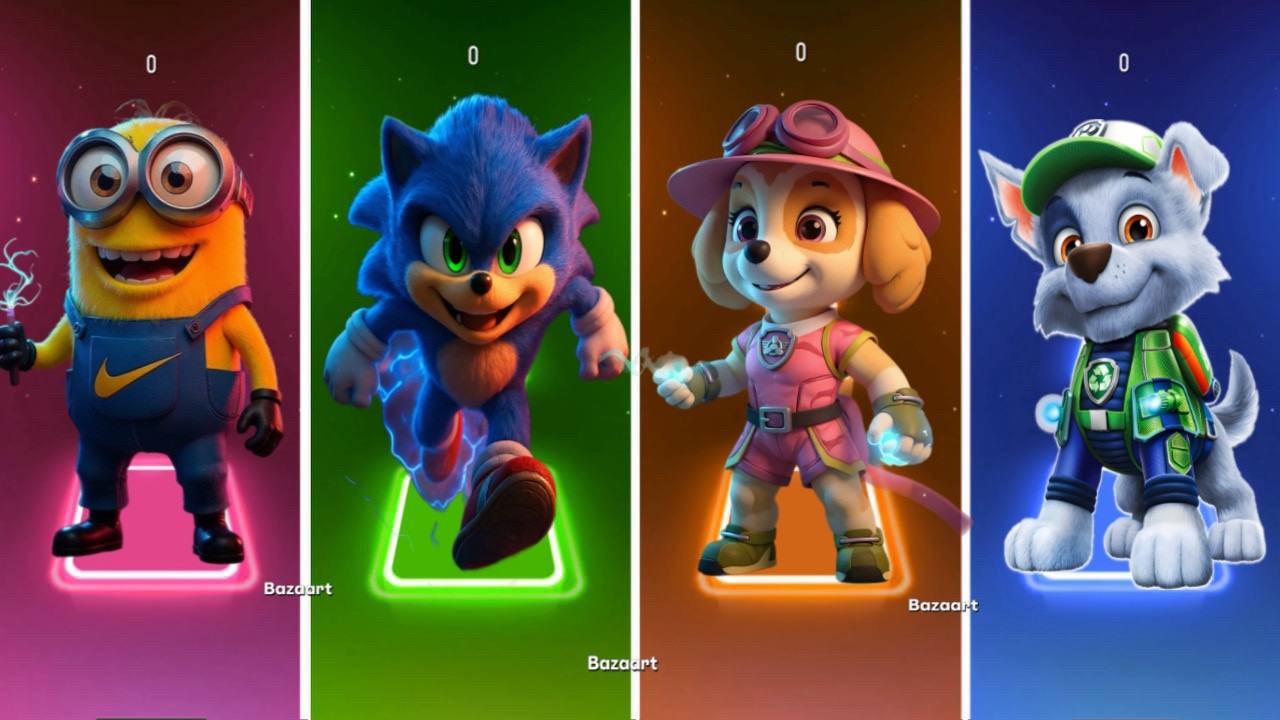 Minions Vs Sonic Vs Skye Vs Rocky Tiles Hop Battle🔥