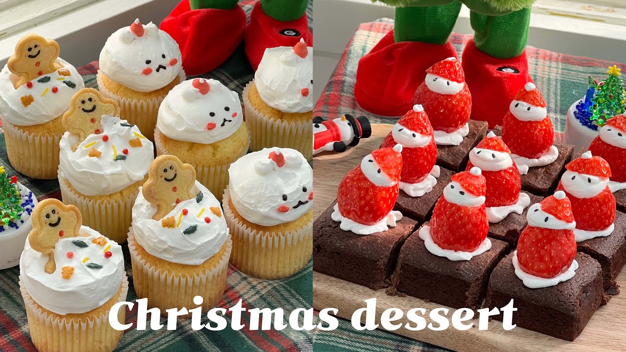 🎅🏻미리크리스마스🎅🏻 집에서 간단하게 만들 수 있는 크리스마스 디저트: 컵케이크, 산타딸기 브라우니_크리스마스베이킹, 베이킹브이로그, dessert vlog