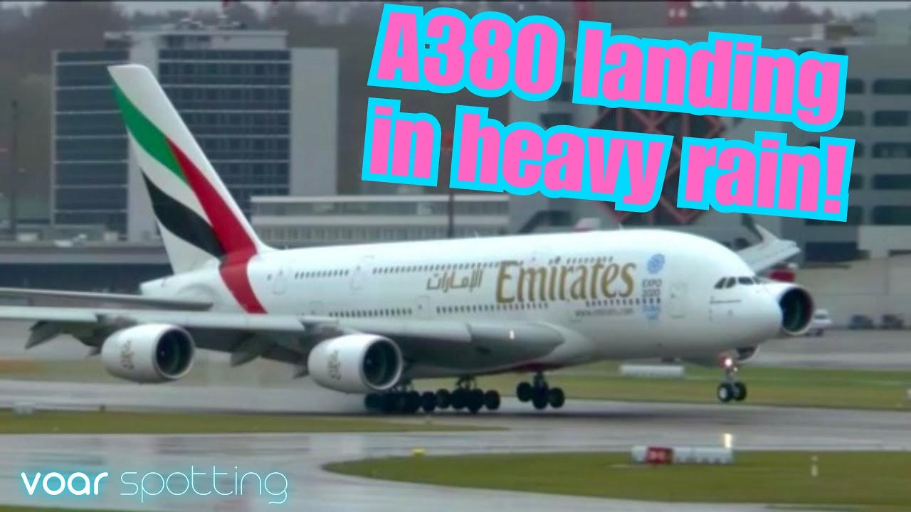 Emirates Airbus A380 stormy landing at Zurich Airport - heavy rain fall!