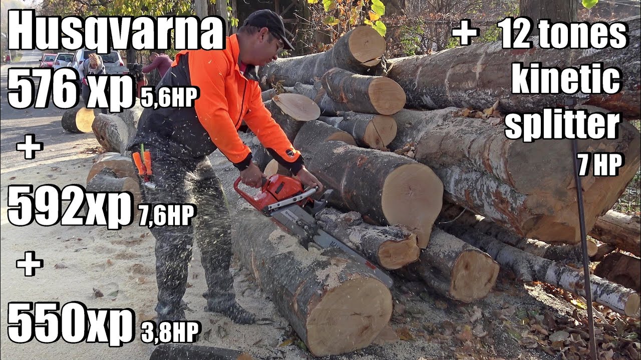 HUSQVARNA 576XP + 592XP + 550XP + 12 tones Kinetic Fire wood log splitter ARTMASH