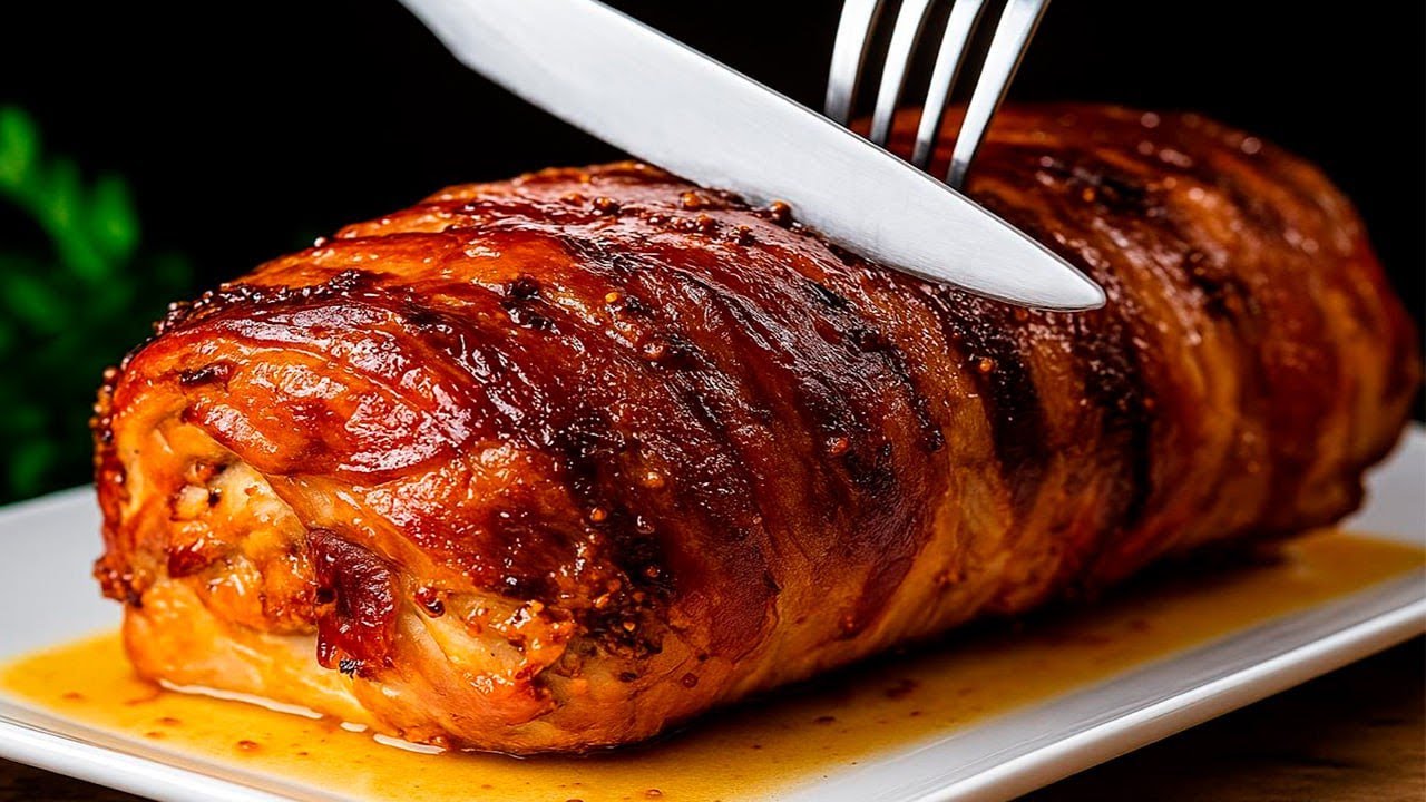 Surprise your guests at Christmas dinner! Juicy stuffed pork tenderloin wrapped in bacon.