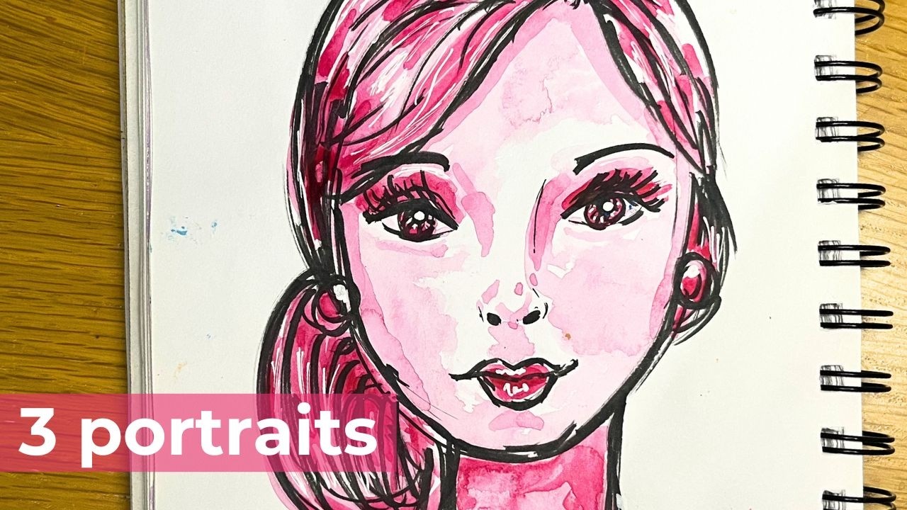 Coloring 3 Sketch Portraits With Oil Pastel And Watercolor