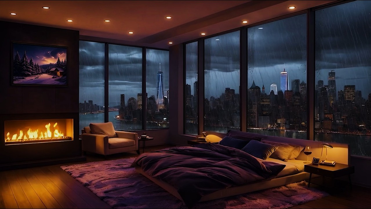 I fall asleep listening to the rain in my bedroom with a view of the night view of New York  ㅣ ASMR