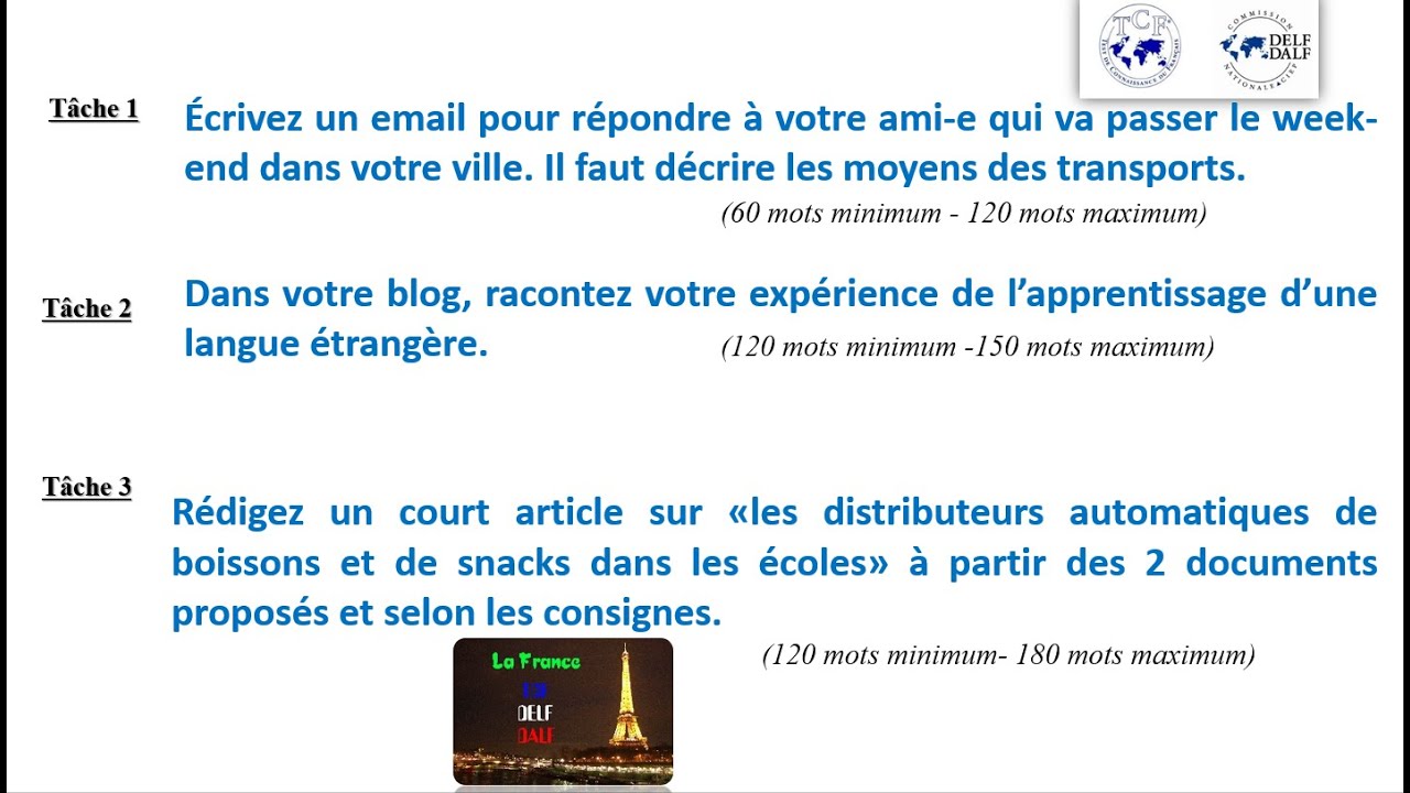 TCF *** l’EXPRESSION ÉCRITE avec l’exemple et les rédactions corrigées (Tâche 1 -2- 3) * Dossier 34