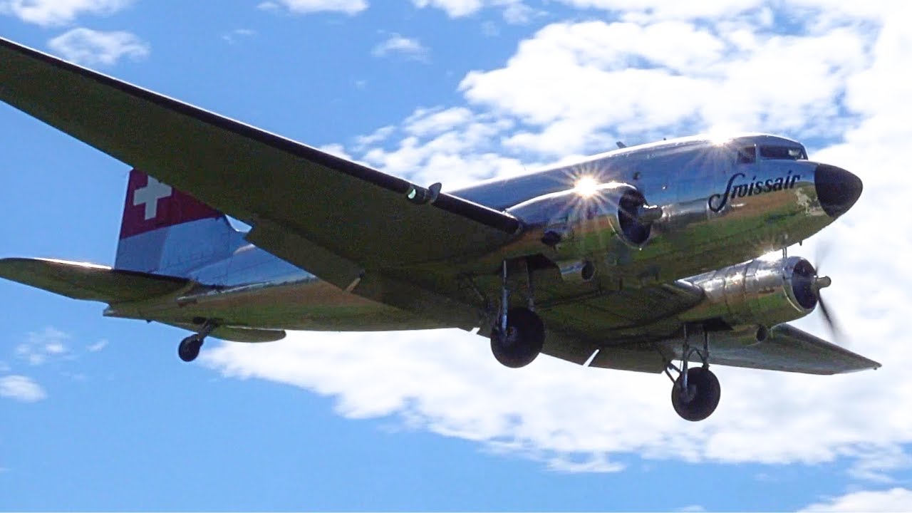 Spectacular Approach: Douglas DC-3 of Swissair Descent Along the Breathtaking Swiss Alps!