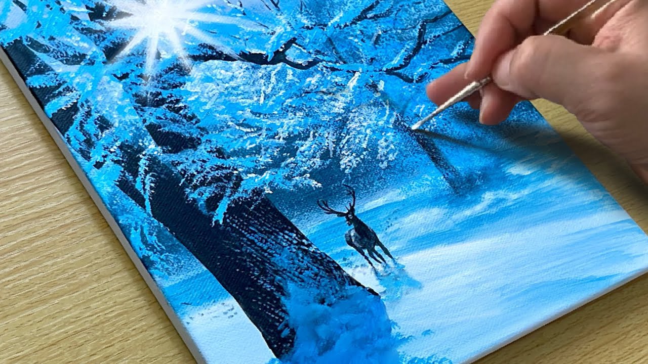 How to Draw a Deer in the Winter Forest / Acrylic Painting for Beginners
