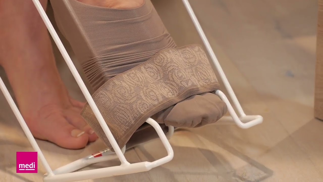 Donning a Thigh-length Medical Compression Stocking (With Toe) Using a medi Butler