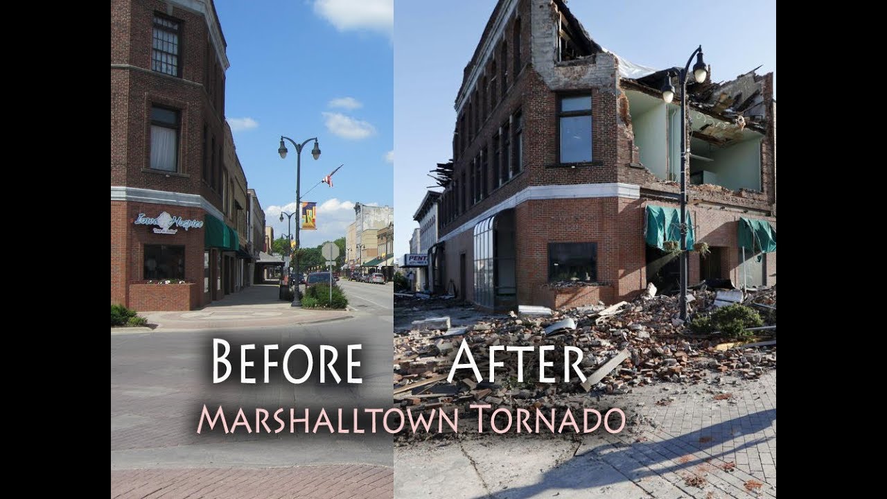 Marshalltown Tornado, before and after, Iowa tornadoes, damage courthouse,