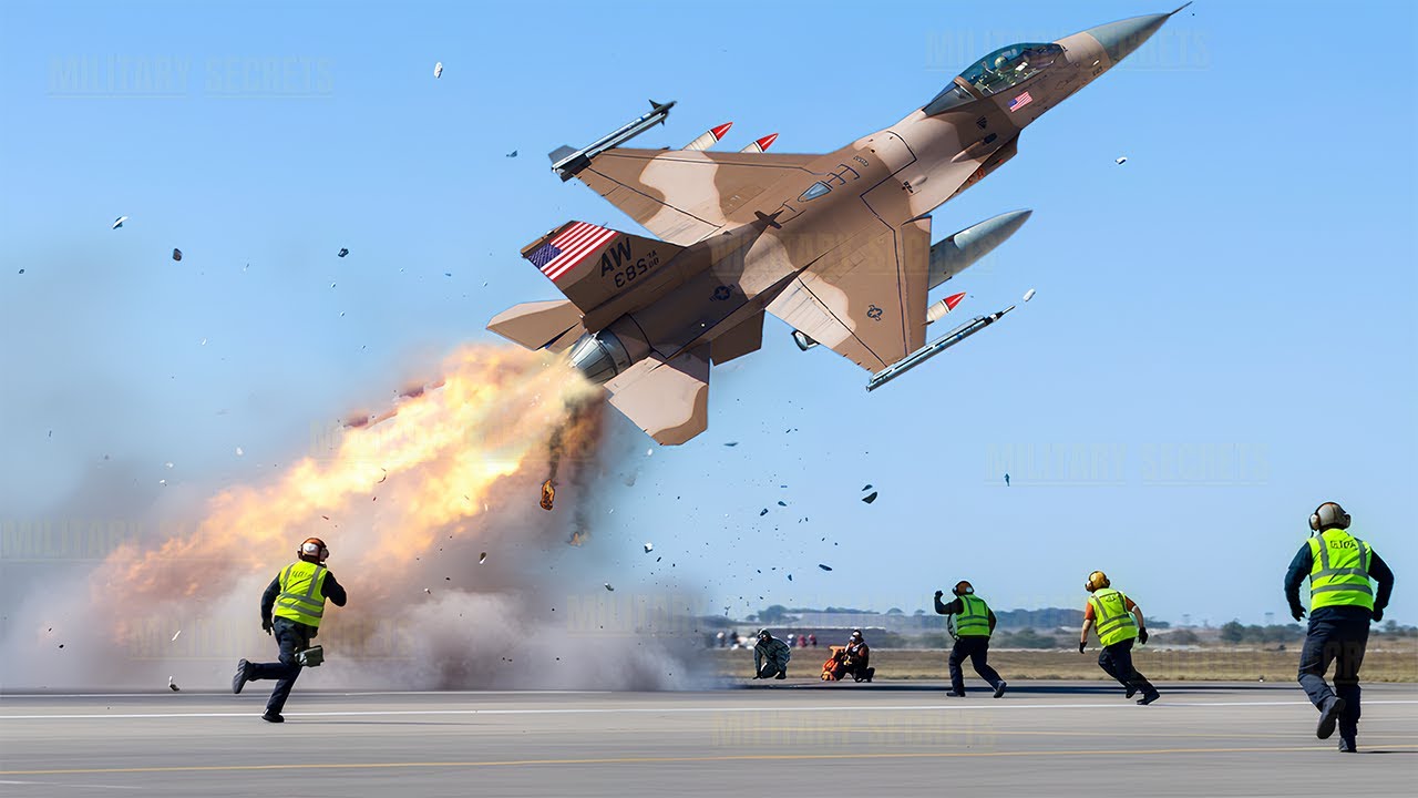 Женщина-пилот истребителя США F-16 взлетает на полной скорости в чрезвычайной ситуации