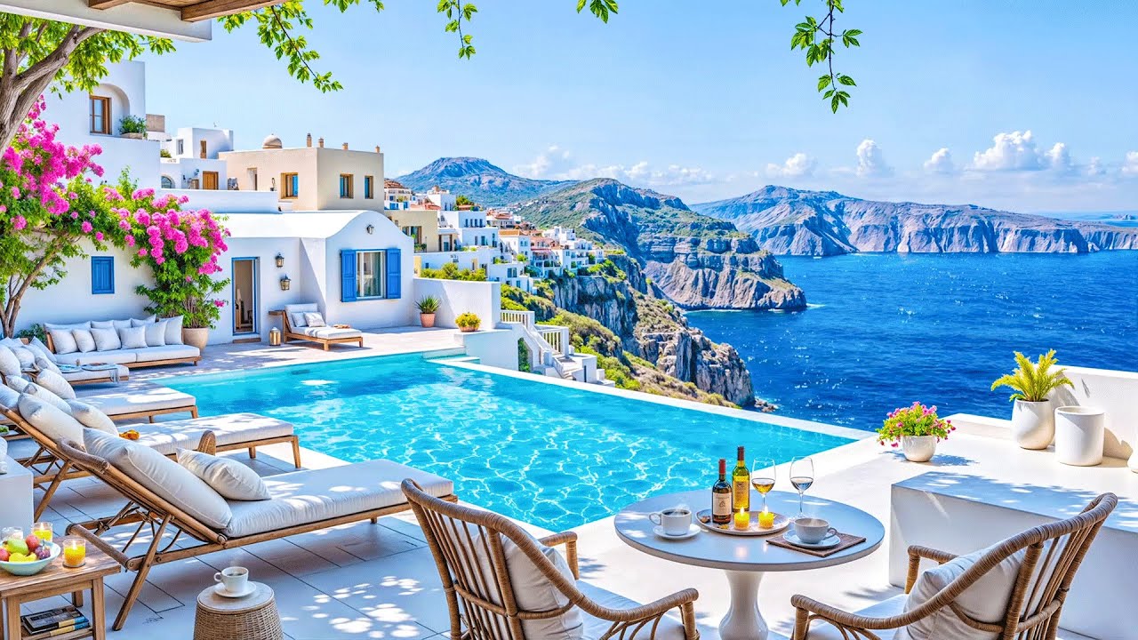 🌊 Morning Santorini Seaside Ambience with Melodic Bossa Nova Guitar & Calm Waves Sound to Unwind