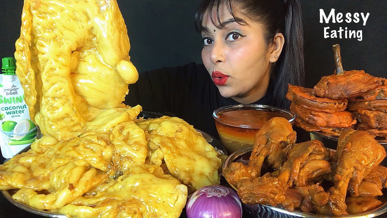 ASMR EATING MUTTON FAT CURRY SPICY CHICKEN CURRY RICE BAIGAN PAKODA WITH GRAVY | BIG BITES | MUKBANG