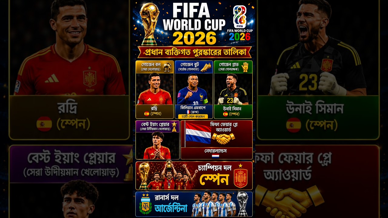 FIFA World Cup 2026 Awards 🏆 Golden Ball, Golden Boot, Golden Glove Champion Spain 🇪🇸 | Football
