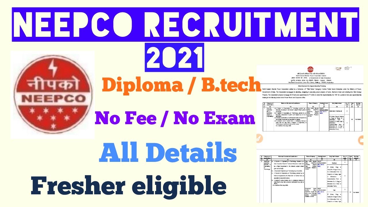 NEEPCO RECRUITMENT - Fresher B.tech / Diploma //No Fee -No Exam - Salary-18000
