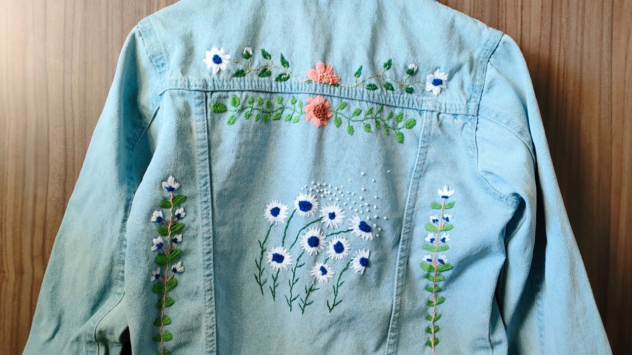 hand embroidery on denim jacket / DIY on denim jacket / embroidery flower design for beginners
