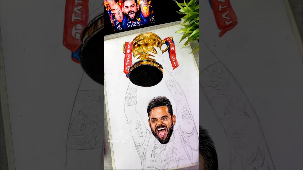 Realistic🔥Virat Kohli Drawing With Trophy 🏆 #shorts #viratkohli #ipltrophy #rcb #drawing #cricket