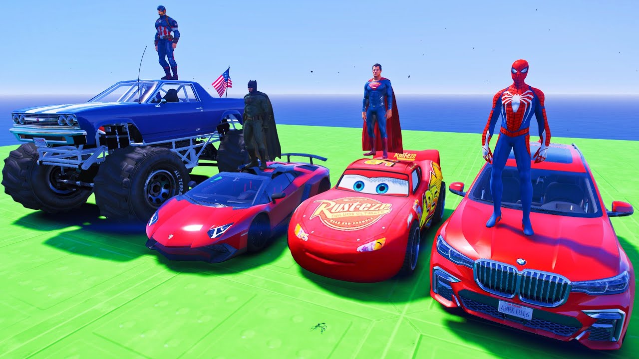 GTA V Spider-Man Batman Superman Captain America Cars Lightning McQueen Monster Truck Race Challenge