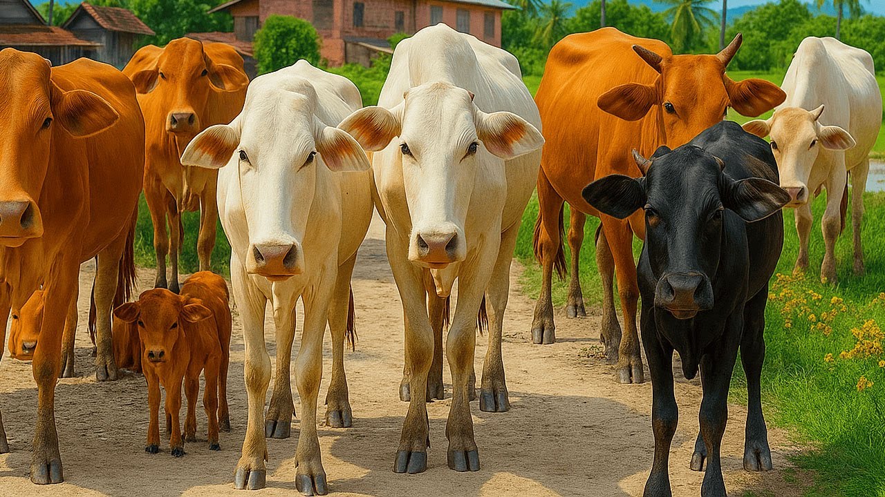 Kerumunan Sapi Lucu Berjalan menuju Ladang rumput, Suara Sapi Moo, Sapi Makan rumput Di Ladang Hijau
