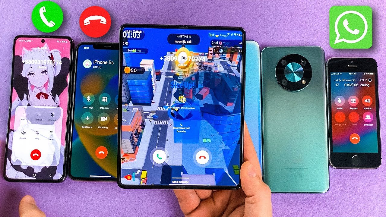 Z Flip + iPhone + Z Fold +Huawei + Xaomi Incomig Call + WhatsApp Group iPhone 5S Outgoing Call